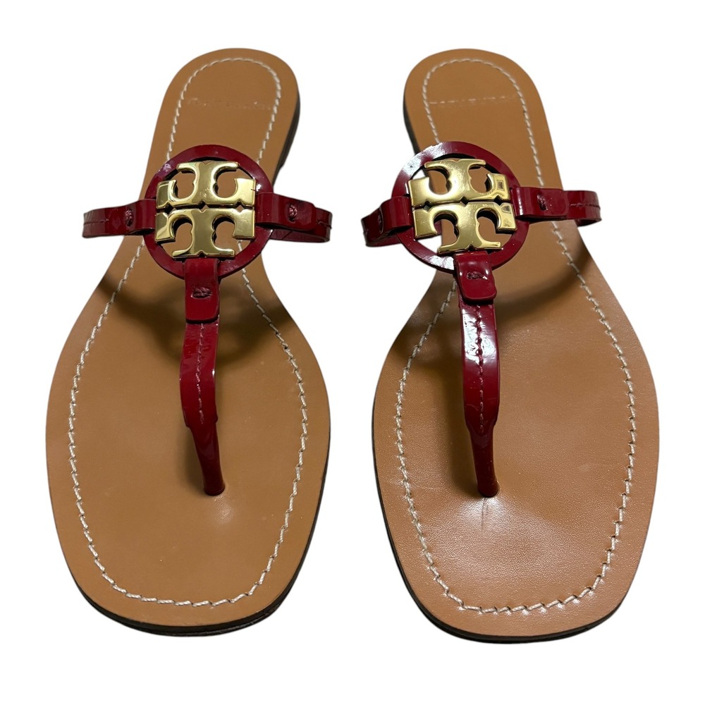 Tory Burch Womens 7.5 Mini Miller Sandals Red Patent Leather Gold Logo Flats